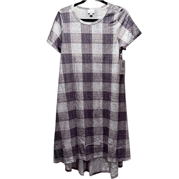 NEW LulaRoe Carly Long/Midi Dress High Low Hem Stretchy Comfortable Plaid Grey - Picture 1 of 15